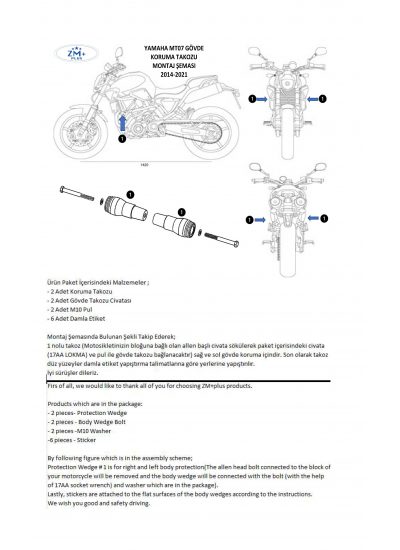 Yamaha MT07 FZ07 Koruma Takozu Gövde Koruma