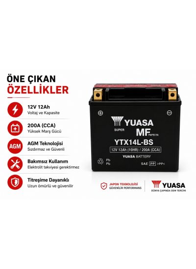 Yuasa YTX14L-BS 12V 12Ah 200A AGM Bakımsız Motosiklet Aküsü Harley