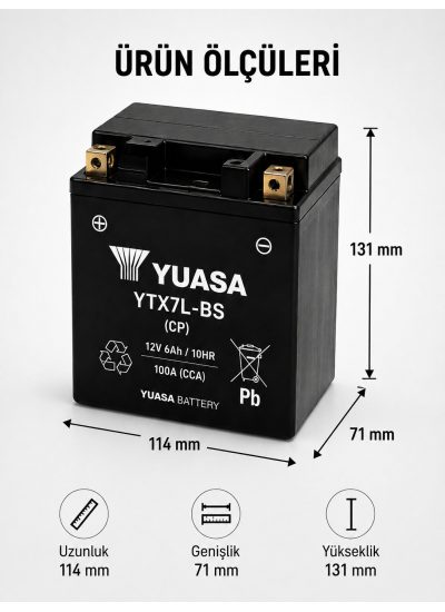 Yuasa YTX7L-BS (CP) 12V 6Ah 100A AGM Bakımsız Motosiklet Aküsü 125CC'ler İçin