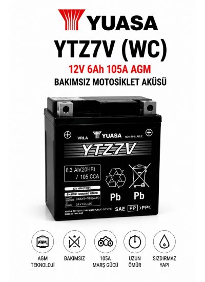 Yuasa YTZ7V (WC) 12V 6Ah 105A AGM Bakımsız Motosiklet Aküsü Tak Çalıştır